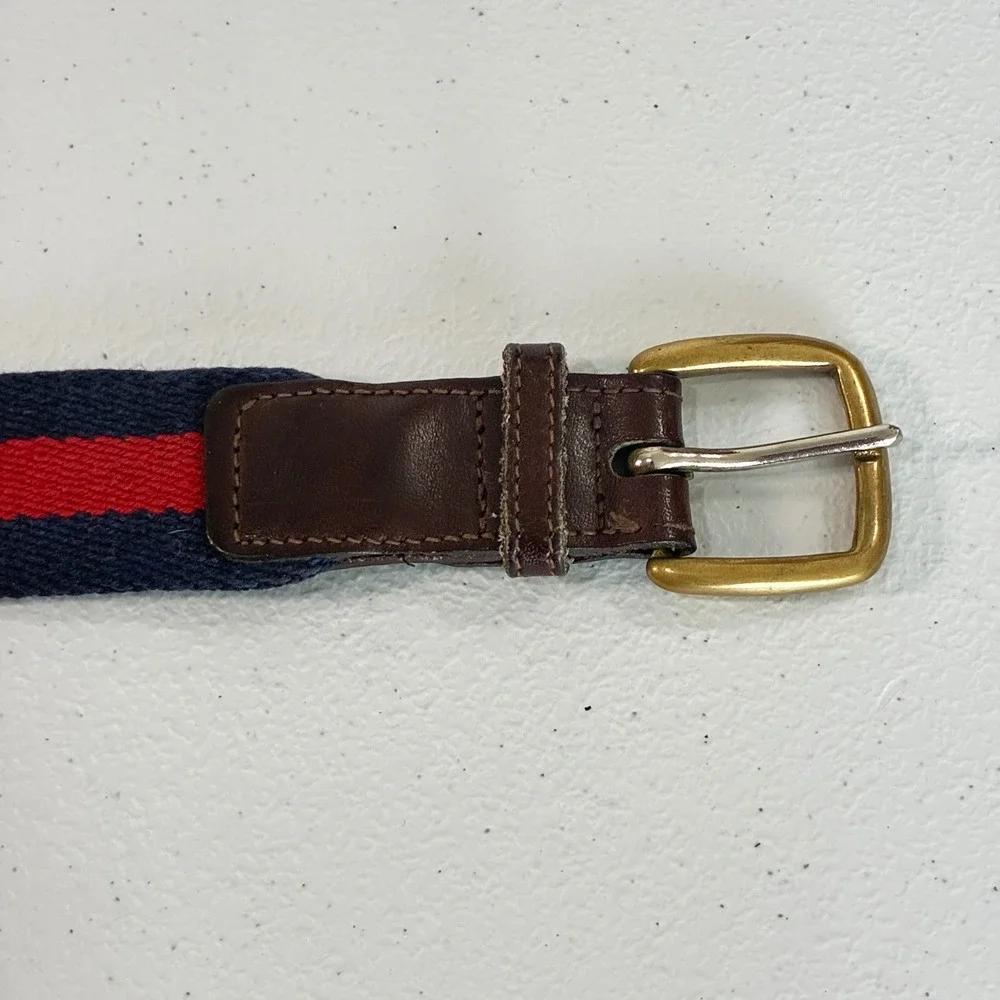 Vtg L.L. Bean Canvas Web Belt Mens 34? Navy Red Striped Leather Preppy Americana